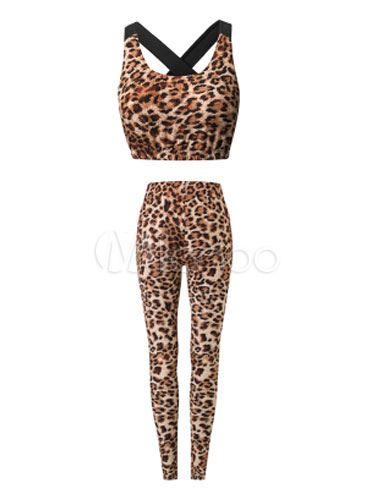 Leopard Yoga Set Women's U Neck Sleeveless Crop Top With Skinny Leggings | Milanoo