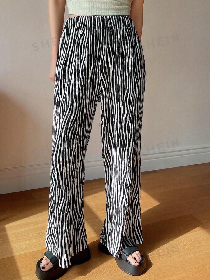 FRIFUL Women's Spring & Summer Casual Wide Leg Pants With Zebra Pattern Print | SHEIN