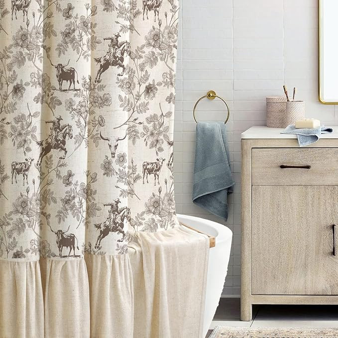 Linen Shower Curtain 72x72 - Farmhouse Ruffle Design with Western Cowboy & Floral Pattern,Vintage... | Amazon (US)