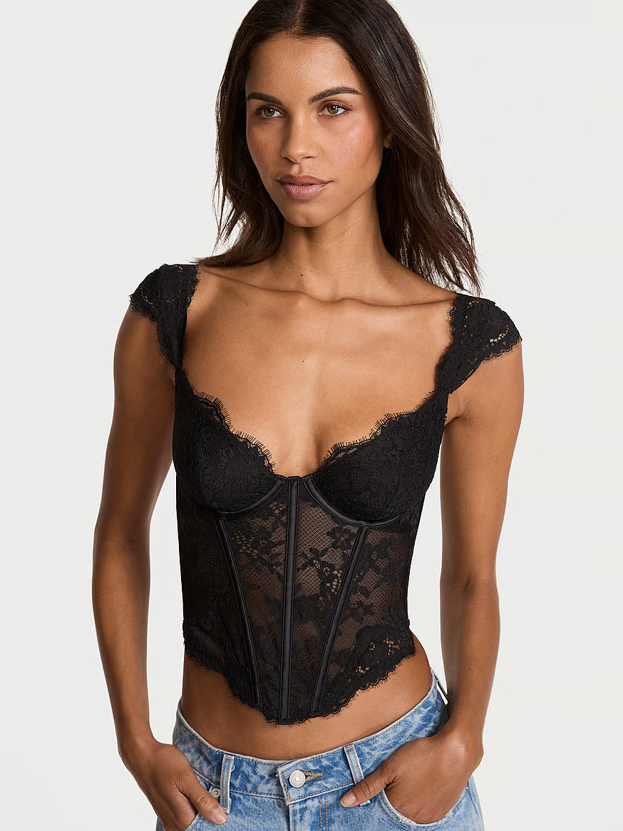 Buy Lace Cap-Sleeve Corset Top, Black - Order Corsets online - Victoria's Secret US | Victoria's Secret (US / CA )