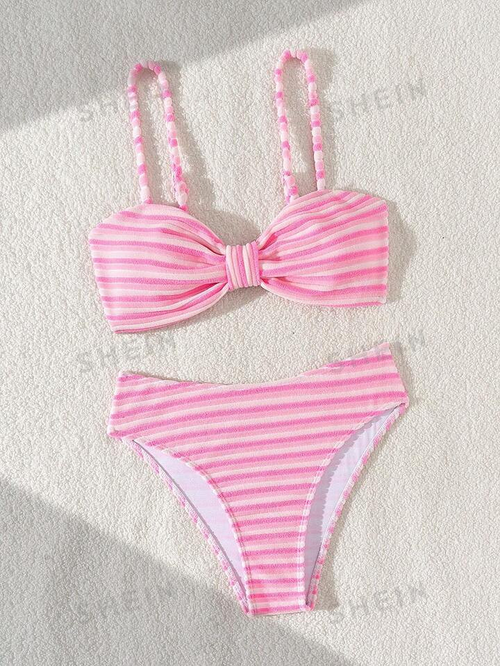 SHEIN Swim Vcay Summer Beach Women Striped Twist Front Bikini Set For Vacation | SHEIN