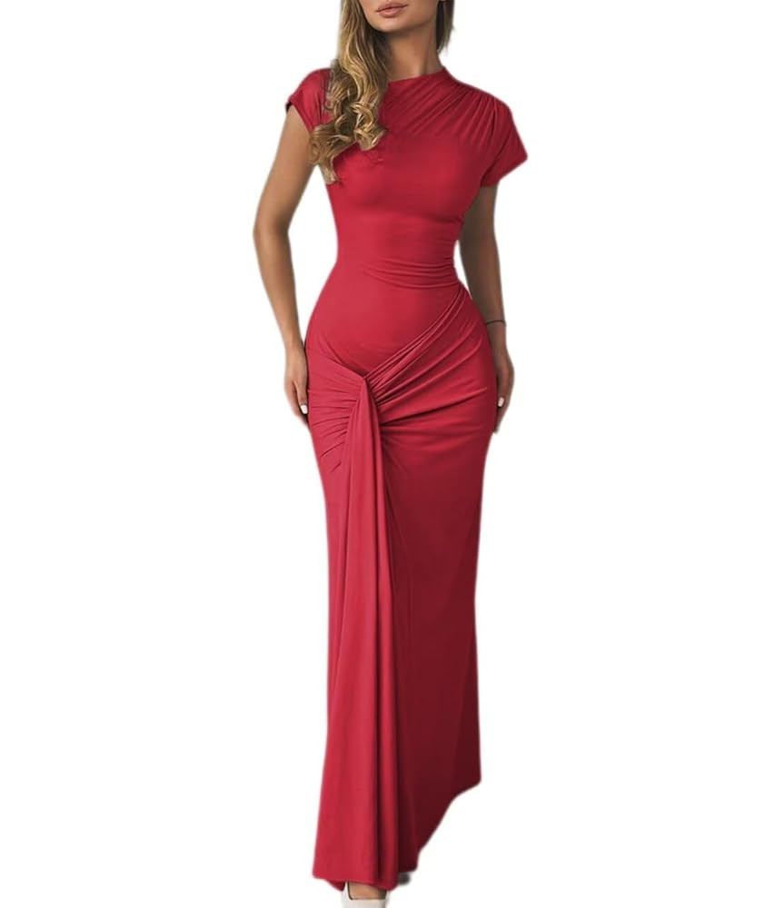 Mojessy Women Bodycon Maxi Dress Sexy Mock Neck Lace Up Bandage Ruched Short Sleeve Long Dress Co... | Amazon (US)