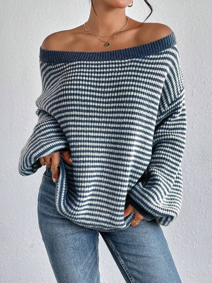 SHEIN LUNE Striped Pattern Drop Shoulder Sweater | SHEIN