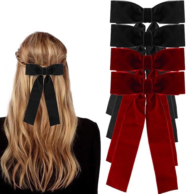 Zkptops 4Pcs Velvet Bow Hair Clips for Women Girls Kids Toddlers Black Red Big Large Tassel Ribbo... | Amazon (US)