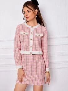 SHEIN Plaid Tweed Contrast Trim Jacket & Skirt | SHEIN