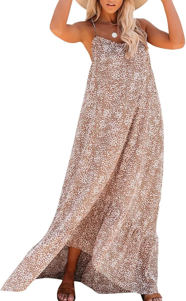 ANRABESS Womens Summer High Low Ruffle Maxi Dress Spaghetti Strap Print Flowy Beach Long Dress | Amazon (US)