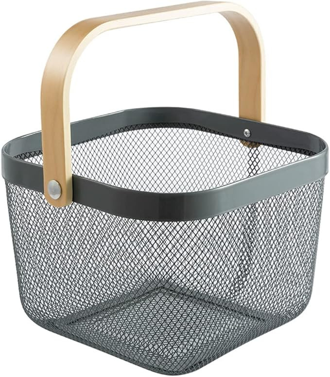 Mesh Steel Storage Organizer Basket Fruit Basket Bin with Wood Handle Ideal for Kitchen Bathroom ... | Amazon (US)