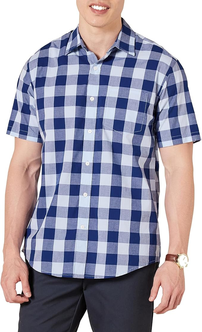 Amazon Essentials Men's Regular-Fit Short-Sleeve Poplin Shirt, Collared, Washed | Amazon (US)