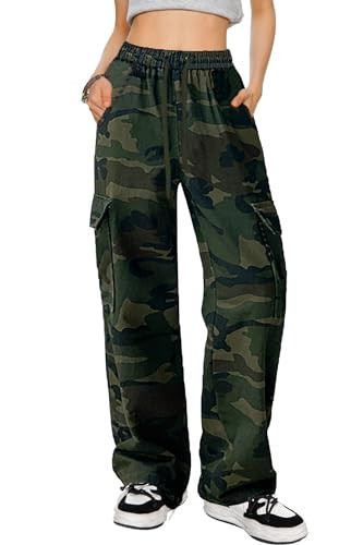HVEPUO Womens Camo Jeans High Waisted Wide Leg Streetwear Casual Straight Pants Baggy Drawstring Elastic Waist Cargo Pants for Women with Pockets Green Camo XXL | Amazon (US)