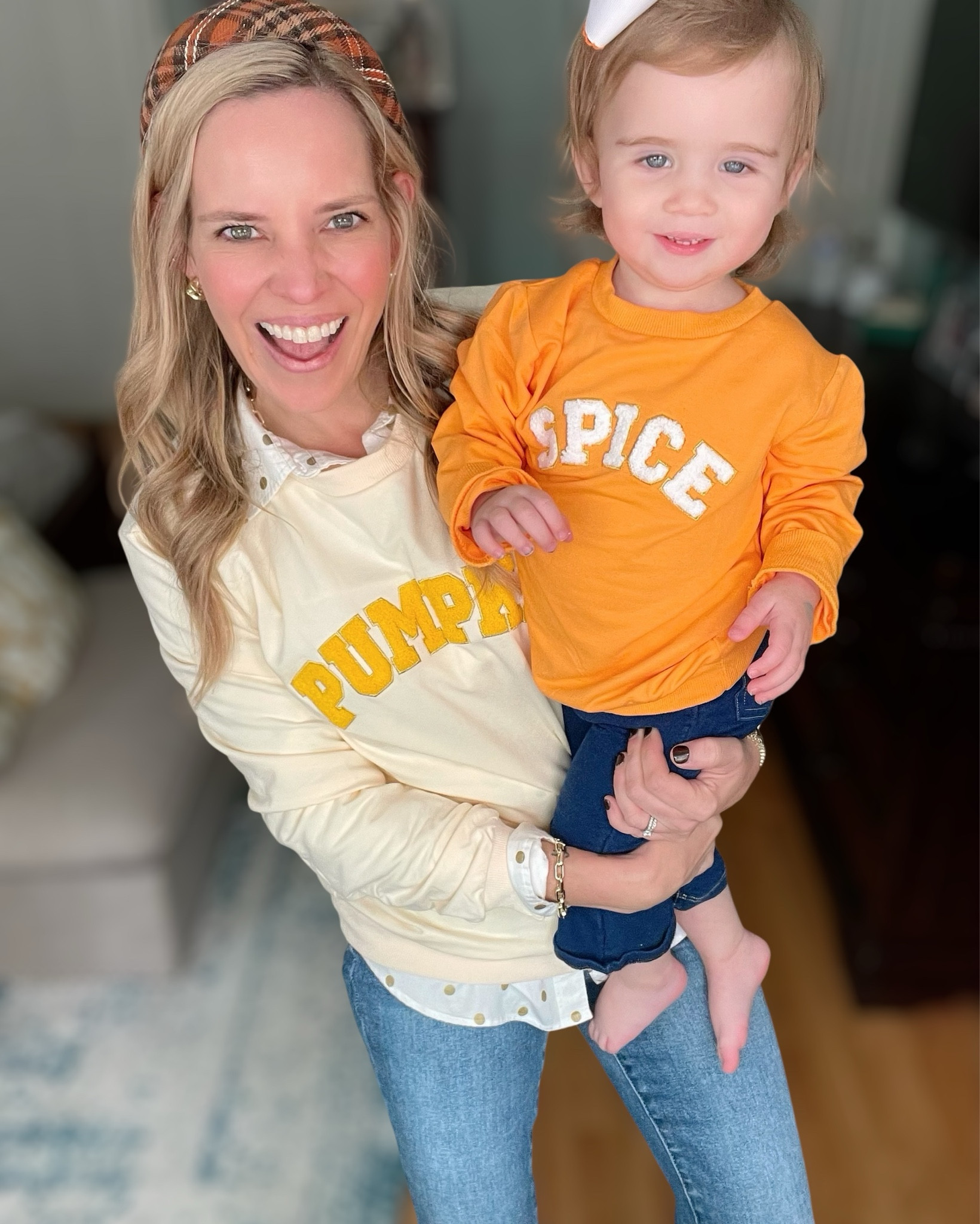 🍂 Nothing says fall like a little Pumpkin Spice! Caroline and I are twinning in these adorable Mommy & Me graphic sweatshirts—mine says Pumpkin and hers says Spice. Perfect for cozy fall days, pumpkin patches, or casual family outings. 💛

I layered my Pumpkin sweatshirt over a crisp white button-down with jeans (wearing size 0) and styled with a plaid headband, leopard pumps, and my everyday Melinda Maria jewelry stack (tennis bracelets + Lil Frankie necklace). Caroline is rocking her Spice top with little flare jeggings and the cutest pumpkin hair bow. 🎃

This look is cozy, playful, and festive—ideal for fall family photos, pumpkin patch outfits, or a fun Mommy & Me matching moment. Bonus: everything is super affordable and easy to wear all season!

⸻


Mommy and Me fall outfits 🍂 | Pumpkin Spice graphic sweatshirts | family fall photos outfit ideas | pumpkin patch style | Mommy and Me matching sweatshirts | toddler fall outfit inspo | plaid headband fall style | leopard print shoes outfit | fall jewelry stack | cozy casual fall fashion


#LTKKids #LTKFamily #LTKBaby

#LTKFamily #LTKKids #LTKFindsUnder50