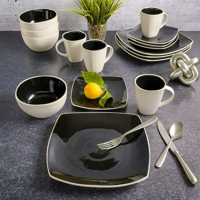 Gibson Soho Lounge Square Glazed 16 Piece Stoneware Set, Black and White | Walmart (US)