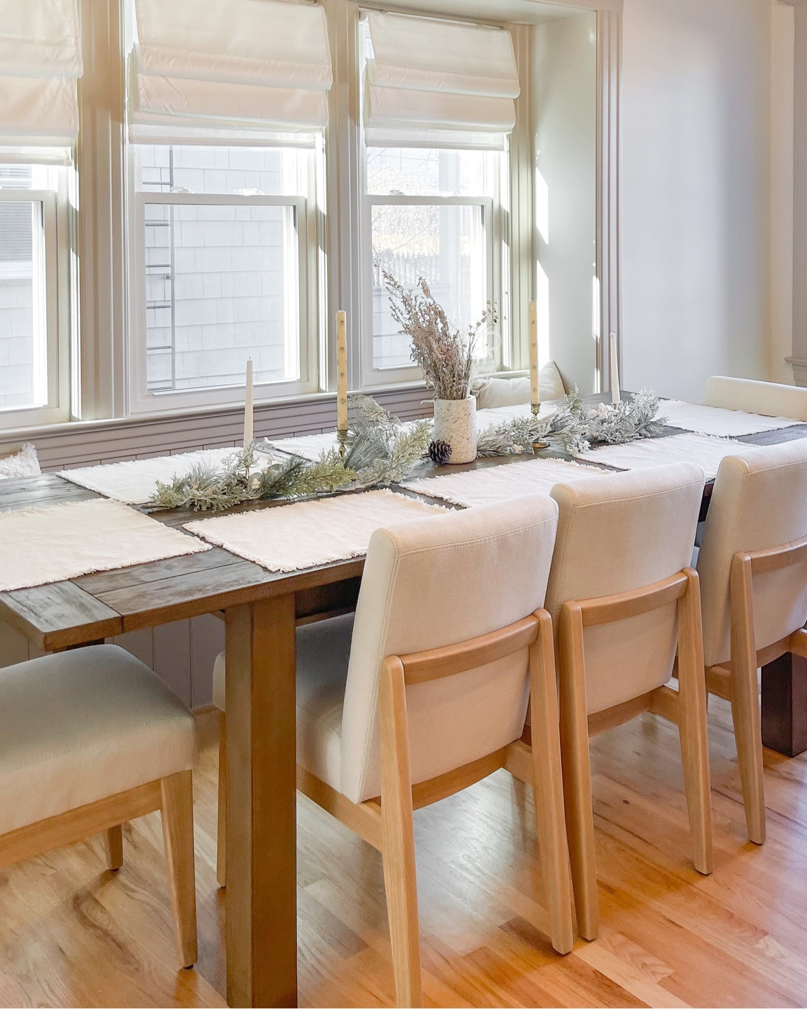 Neutral aesthetic
Dining room
Target
Holiday decor
Dried florals
Comfortable chairs
Mixed woods
Faux florals
Painted trim 
White walls
Farmhouse traditional modern 