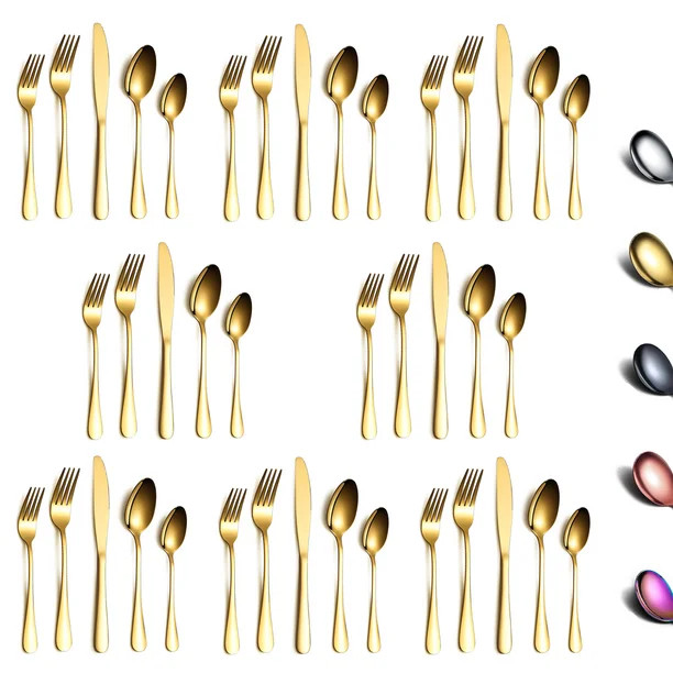 ReaNea 40 Piece Gold Silverware Set Stainless Steel Titanium Gold Plating Flatware Set,Spoons and... | Walmart (US)