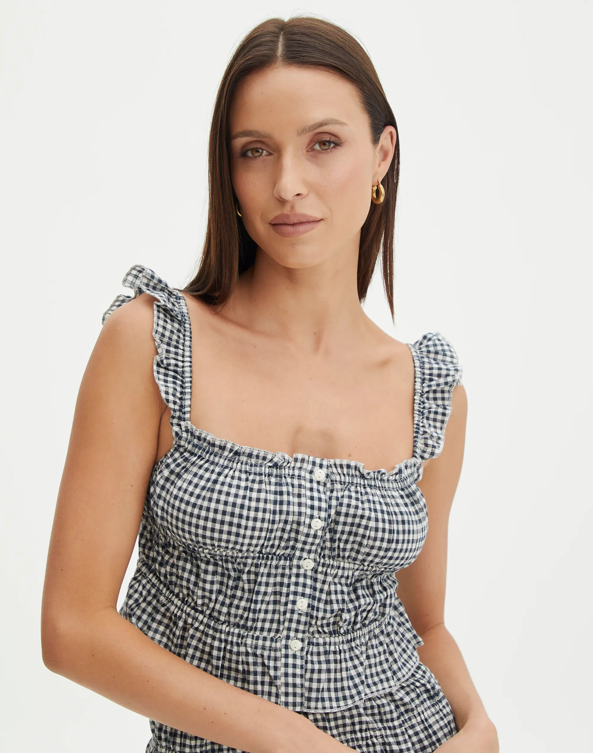 Gingham Frill Sleeve Ruched Top in Print | Glassons | Glassons (Australia)