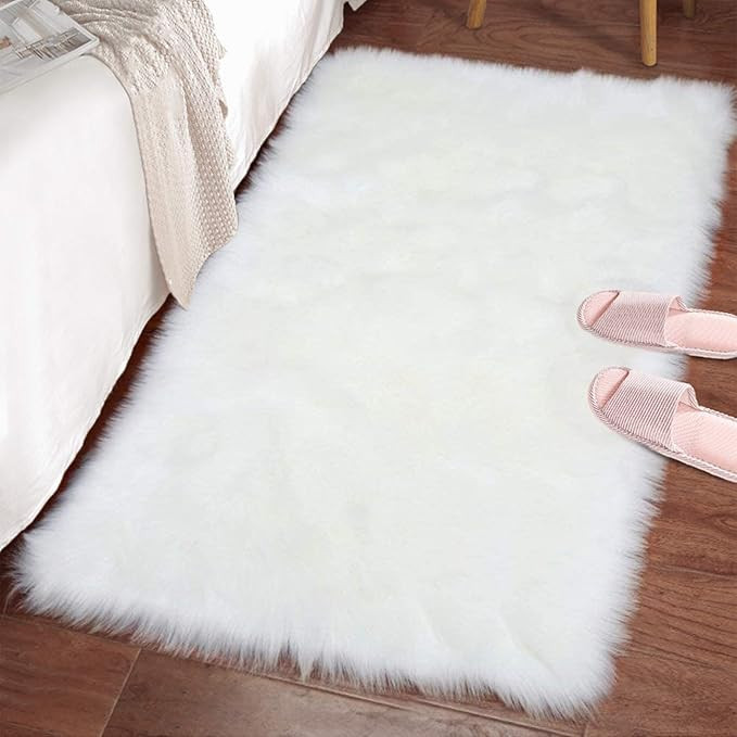 LOCHAS Soft Fluffy White Faux Fur Rugs for Bedroom Bedside Rug 2x3 Feet, Washable, Furry Sheepski... | Amazon (US)