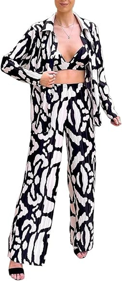 Women Pleated 2 Piece Pants Outfits Long Sleeve Lapel Neck Loose Button Down Shirt Pleated Wide L... | Amazon (UK)