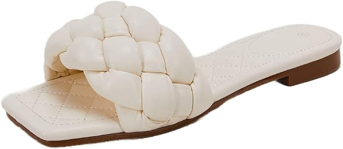 Danedvi Women's 2023 New Summer Square Open Toe Woven Leather Single Band Comfort Slides Slid on ... | Amazon (US)