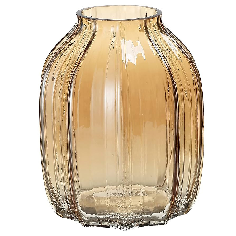 Large Amber Glass Vase for Flowers Ribbed Tall Gold Floor Vase 8.0" Decorative Vases for Home Tab... | Amazon (US)