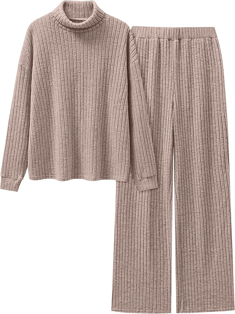 ANRABESS Women 2 Piece Lounge Pajama Sets Ribbed Knit Turtleneck Long Sleeve Tops Pants Matching ... | Amazon (US)