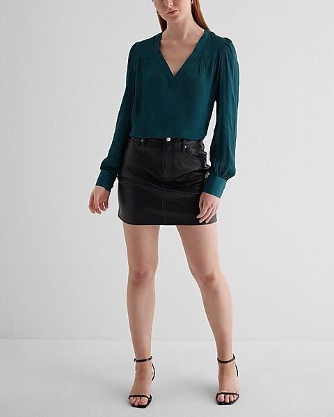 Satin V-neck Cuff Sleeve Top | Express