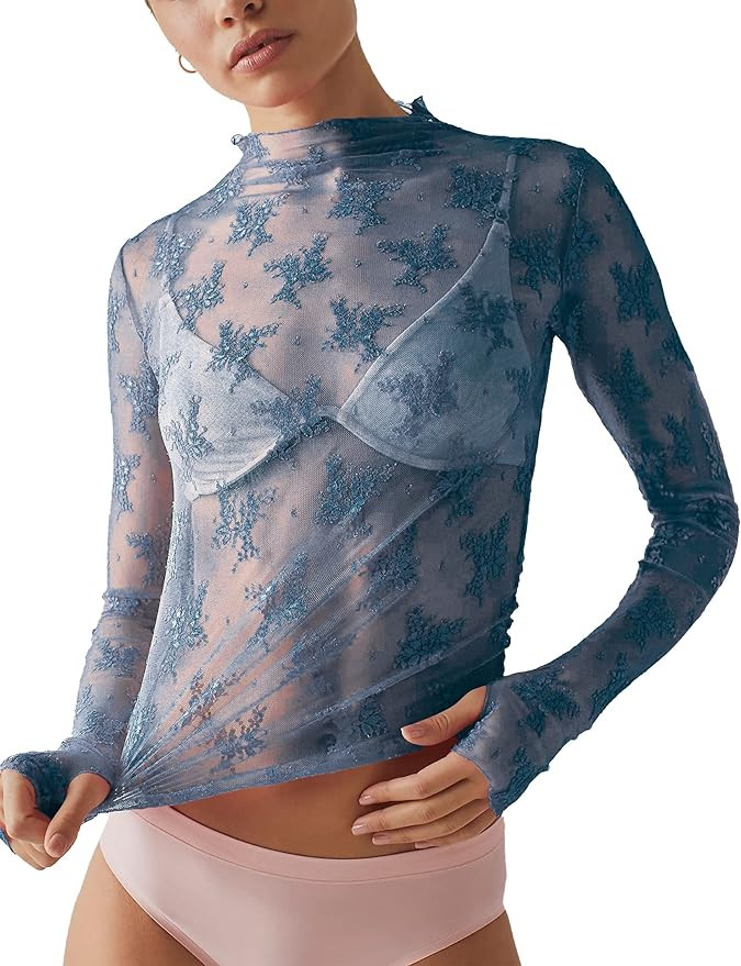 Ugerlov Women's Long Sleeve Mesh Top Mock Neck Sheer Blouse See Through Floral Lace Tops | Amazon (US)
