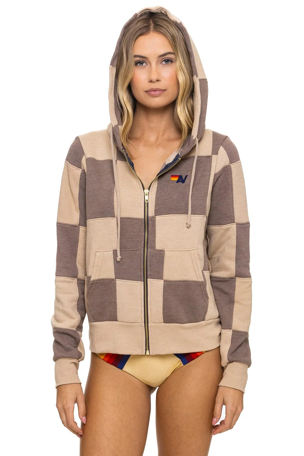CHECK QUILT ZIP HOODIE - SAND // TAUPE | Aviator Nation