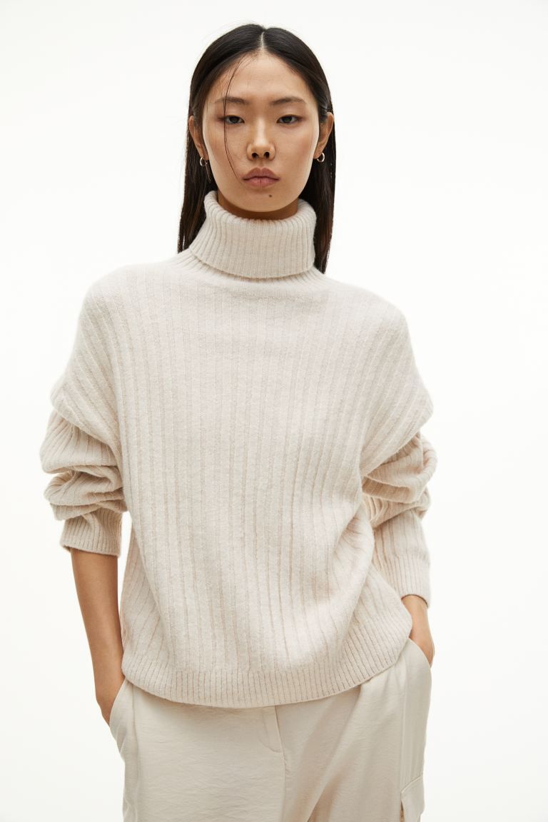 Rib-knit Turtleneck Sweater - Light beige - Ladies | H&M US | H&M (US + CA)