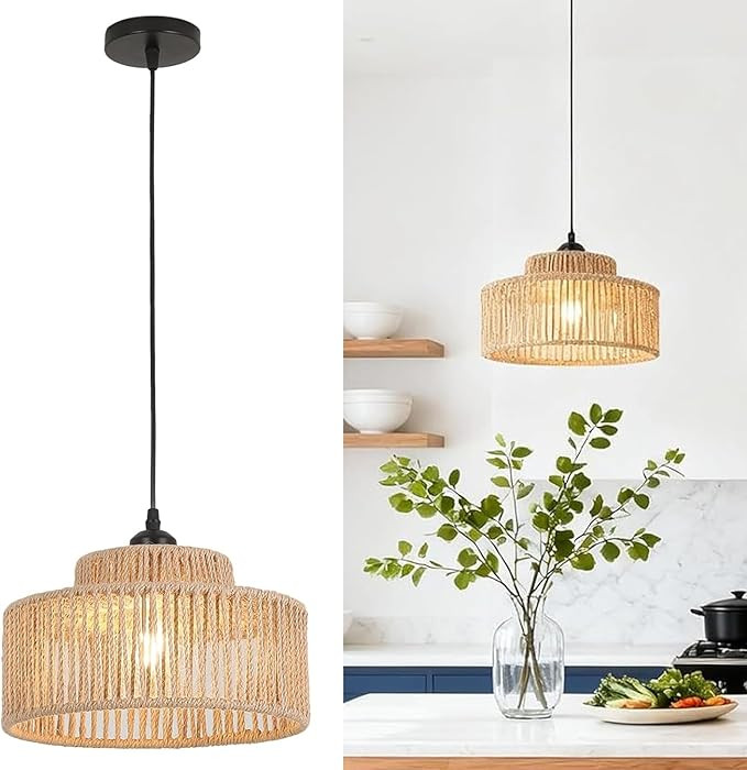 Rattan Pendant Light,11 Inch Boho Kitchen Island light Fixtures,Handmade Woven Hanging Lamp,Wicke... | Amazon (US)