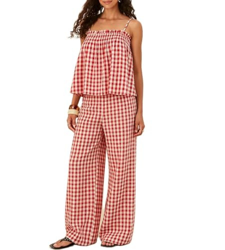 2 Piece Gingham Set Women Y2k Plaid Babydoll Tank Top and Pants (Red, M) | Amazon (US)