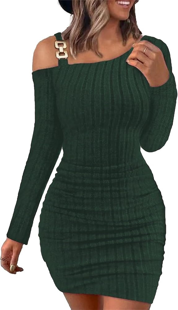 Women Long Sleeve Knit Bodycon Midi Dress Solid Color Jumper Sweaters Cold Shoulder Strap Ribbed ... | Amazon (US)