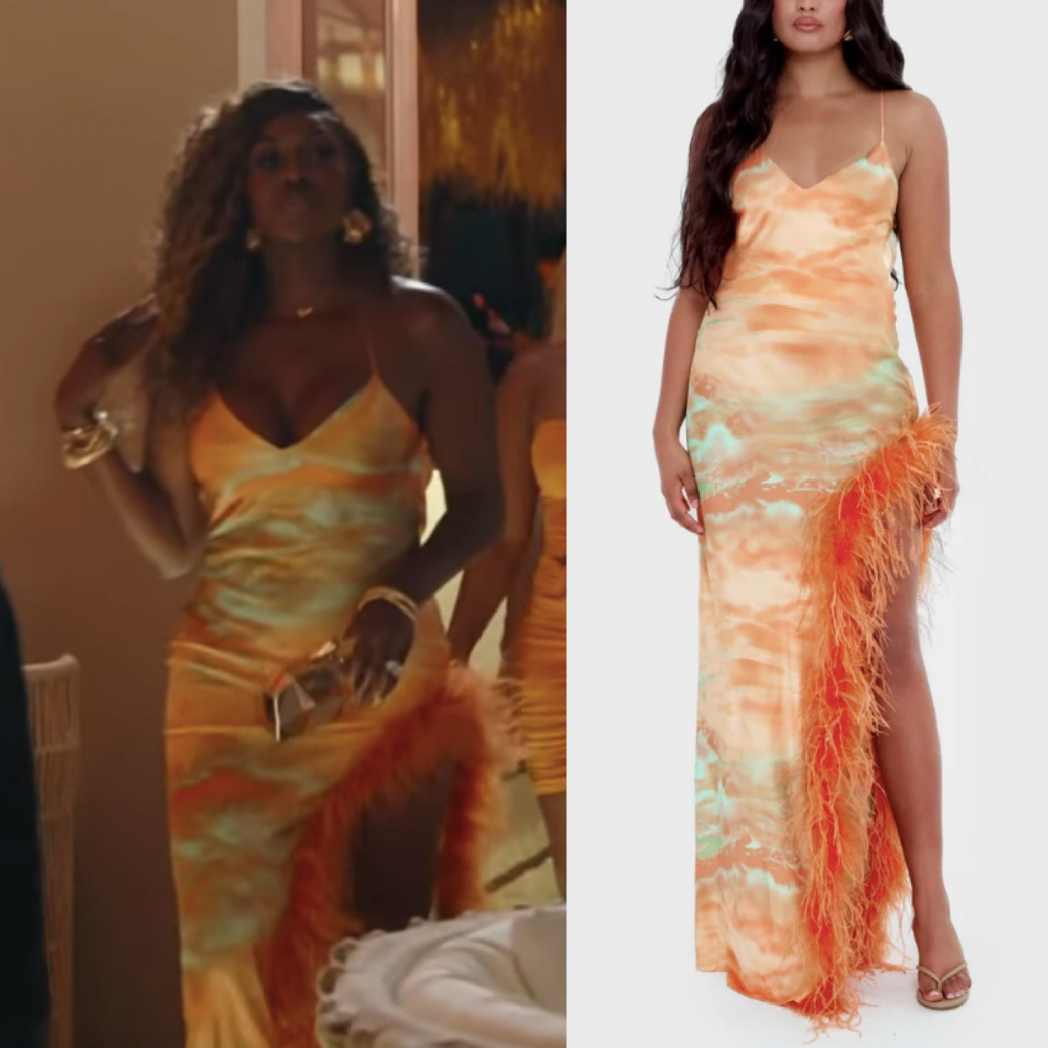 Wendy Osefo’s Orange Printed Feather Dress
