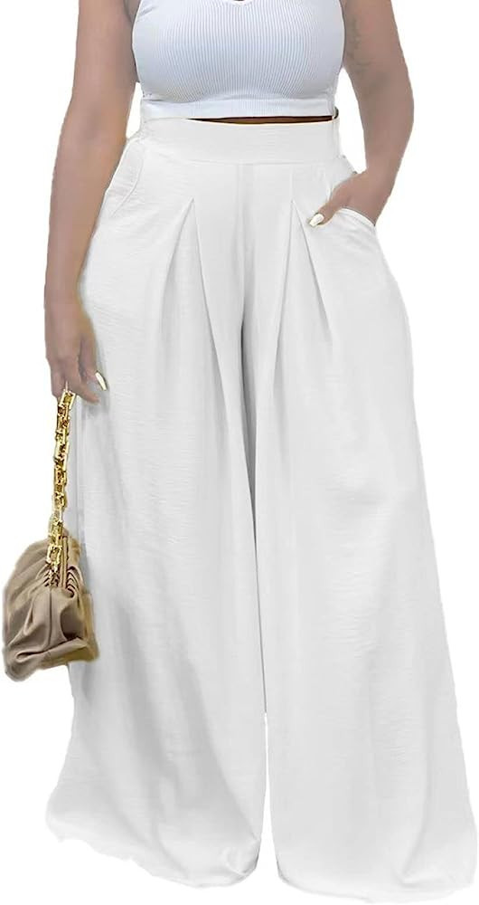 Miiyana Flowy Pants for Women Casual High Waisted Wide Leg Palazzo Pants Trousers with Pocket Plu... | Amazon (US)