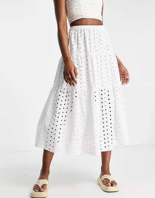 ASOS DESIGN eyelet tiered midi skirt in white | ASOS (Global)