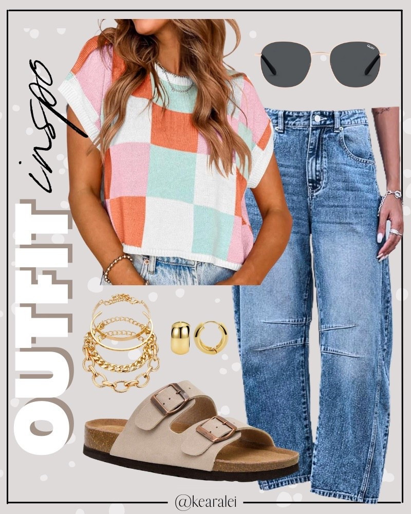 Fall outfit summer transition outfits Free People inspired outfit looks for less Amazon fashion affordable outfits pink orange blue checkers shirt checkered top knit top short sleeve sweater with high rise barrel leg wide leg jeans baggy denim medium blue jeans tan suede leather Birkenstock sandals slides lookalike cork sole  shoes boho outfit casual mom outfit momiform business casual teacher outfit teaching workwear office work wear outfits || #freepeople #boho #amazon #fashion #summer
.
.
deals sales sale alert Amazon fashion, teacher outfits, business casual, casual outfits, neutrals, street style, Midi skirt, Maxi Dress, Swimsuit, Bikini, Travel, skinny Jeans, Puffer Jackets, Concert Outfits, Cocktail Dresses, Sweater dress, Sweaters, cardigans Fleece Pullovers, hoodies, button-downs, Oversized Sweatshirts, Jeans, High Waisted Leggings, dresses, joggers, fall Fashion, winter fashion, leather jacket, Sherpa jackets, Deals, shacket, Plaid Shirt Jackets, apple watch bands, lounge set, Date Night Outfits, Vacation outfits, Mom jeans, shorts, sunglasses, Disney outfits, Romper, jumpsuit, Airport outfits, biker shorts, Weekender bag, plus size fashion, Stanley cup tumbler, boots booties tall over the knee, ankle boots, Chelsea boots, combat boots, pointed toe, chunky sole, heel, high heels, mules, clogs, sneakers, slip on shoes, Nike, adidas, vans, dr. marten’s, ugg slippers, golden goose, sandals, high heels, loafers, Birkenstocks


#LTKootd #LTKSaleAlert #LTKSeasonal