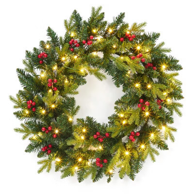 Christmas Wreaths with Lights, 24 In Christmas Wreath with Red Berries, Artificial Pine Needles Holiday Decor for Entryway, Window, Wall, Hallway | Target