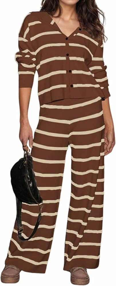 KFUBUO Women 2 Piece Lounge Sets Fall Outfits 2025 Sweatsuits Stripe V Neck Hooded Sweater Wide L... | Amazon (US)