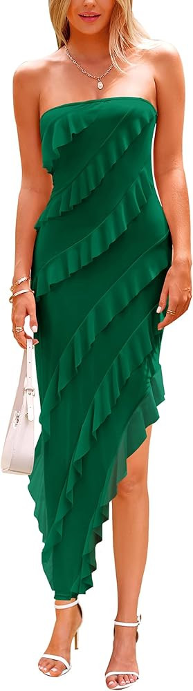 PRETTYGARDEN Women's Summer Long Formal Cocktail Dress Strapless Tube Asymmetrical Ruffle Maxi Bo... | Amazon (US)