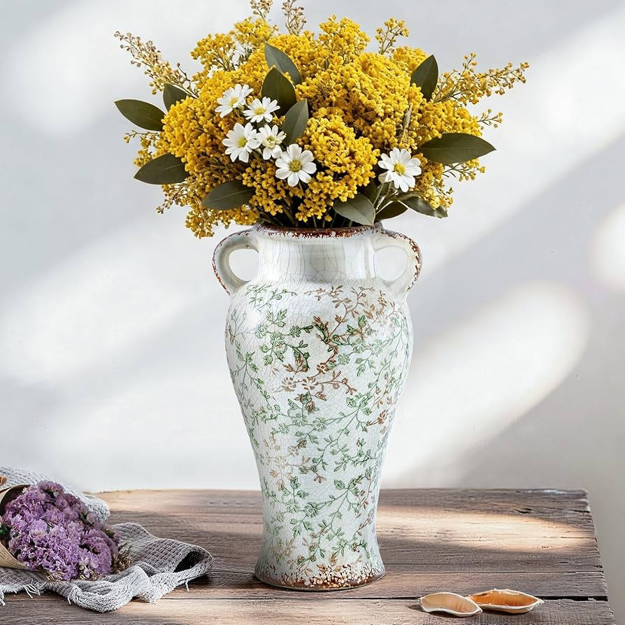 Enra Farmhouse Vintage vase with Handle,12.6 in Ceramic Chinoiserie Floral Vase,Green and Beige D... | Amazon (US)