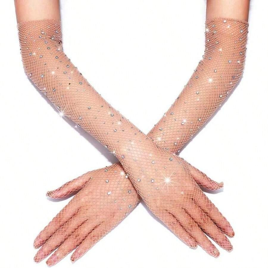 SCASDRE Rhinestone Long Fishnet Gloves Mesh Rave Gloves Bling Elbow Length Evening Party Glove Fo... | SHEIN