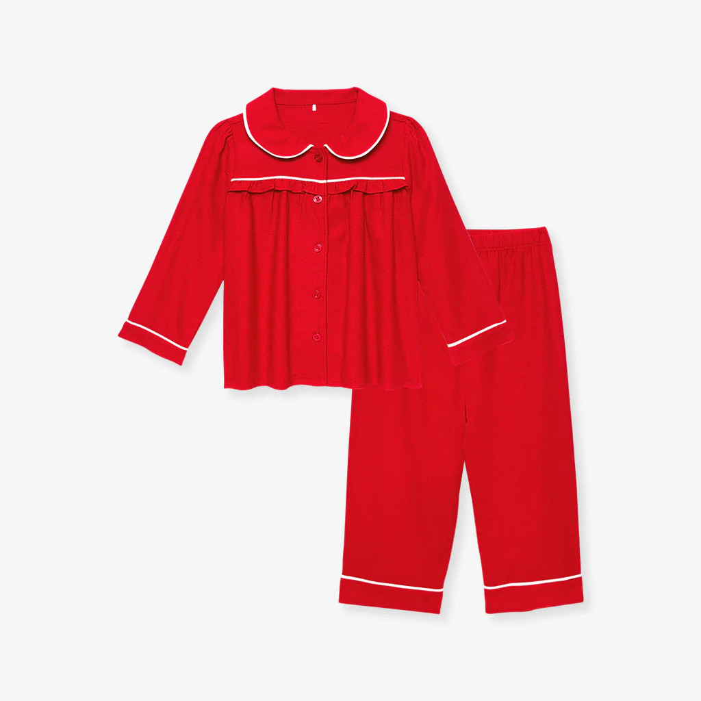 Solid Red Ruffled Flannelette Pajamas | Garnet Red | Posh Peanut