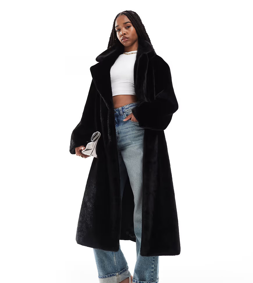 ASOS DESIGN Tall longline chuck on faux fur coat in black | ASOS (Global)