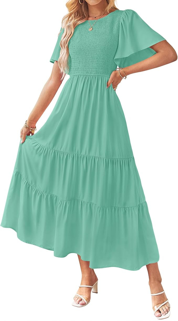 ZESICA Women's Summer Casual Flutter Short Sleeve Crew Neck Solid Color Smocked Tiered A Line Flo... | Amazon (US)