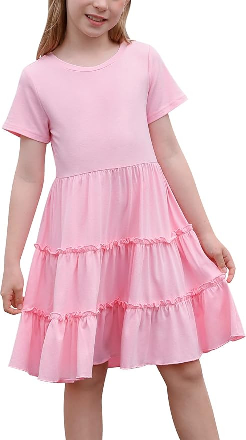 GORLYA Girls Ruffle Tiered Flowy Swing A-Line Skater Midi Dress for 4-14T | Amazon (US)