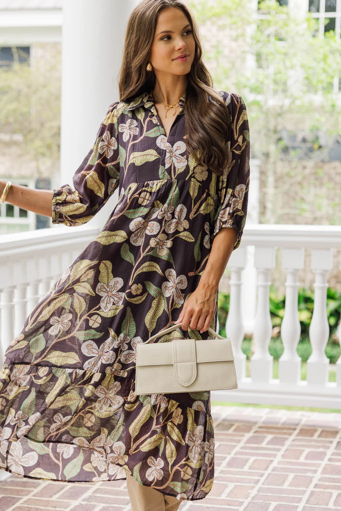 Just Keep Watching Brown Floral Midi Dress | The Mint Julep Boutique