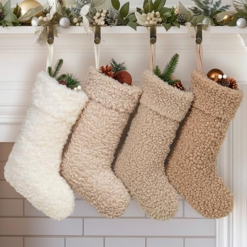 4 Pcs 18 Inch Christmas Sherpa Fabric Stockings Neutral Plush Faux Fur Christmas Fireplace Hangin... | Amazon (US)