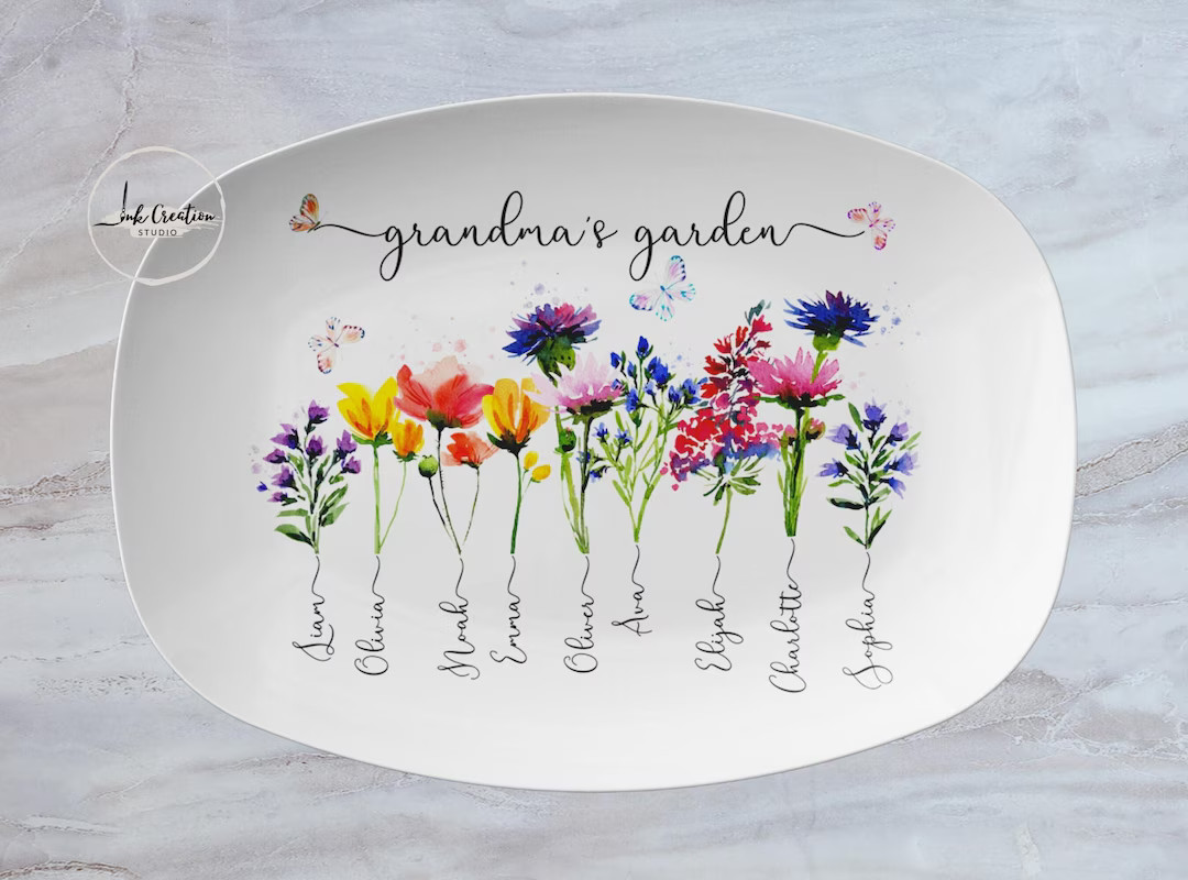 Custom Grandma's Garden Plate With Grandkids Names, Family Name Watercolor Flowers Personalized P... | Etsy (US)