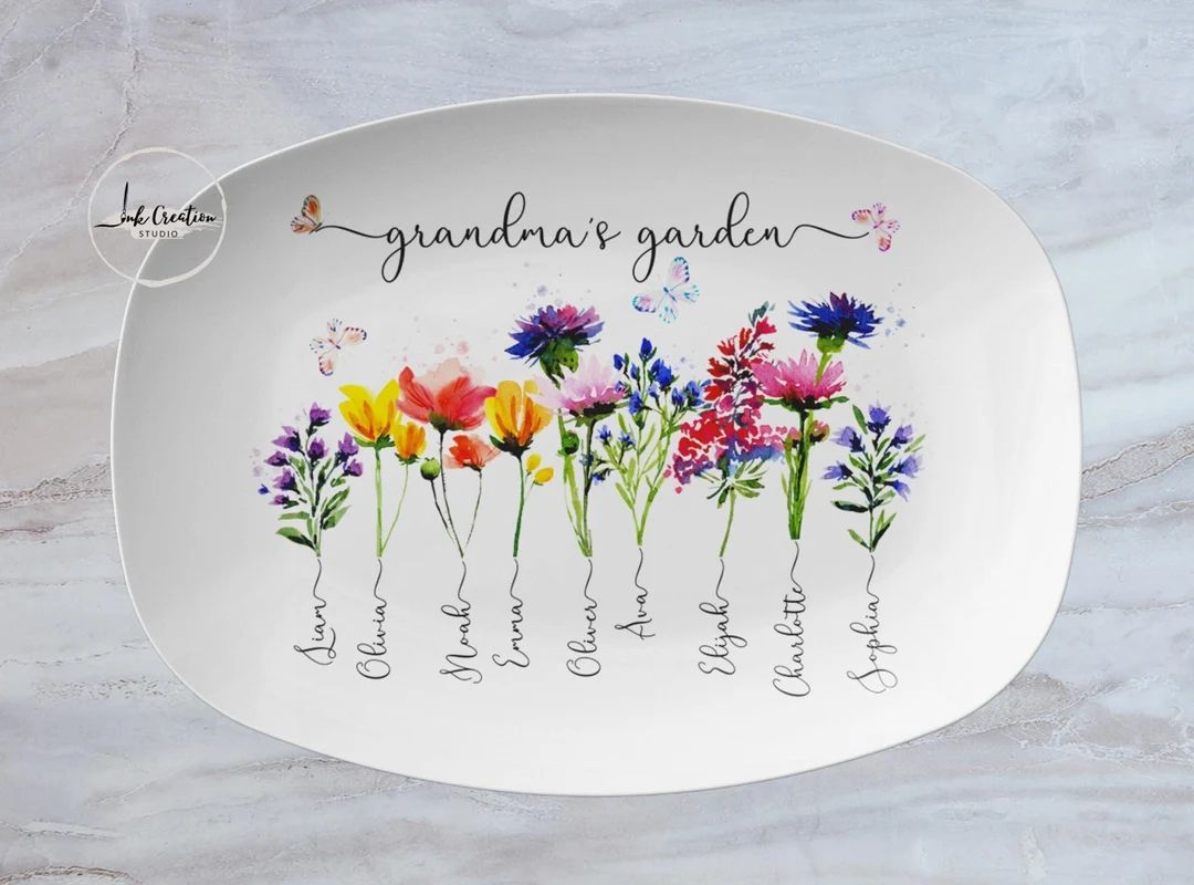 Custom Grandma's Garden Plate With Grandkids Names, Family Name Watercolor Flowers Personalized P... | Etsy (US)
