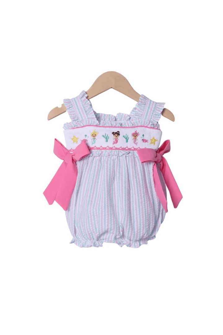 Smocked Mermaid Pink and Mint Seersucker Bubble | The Smocked Flamingo