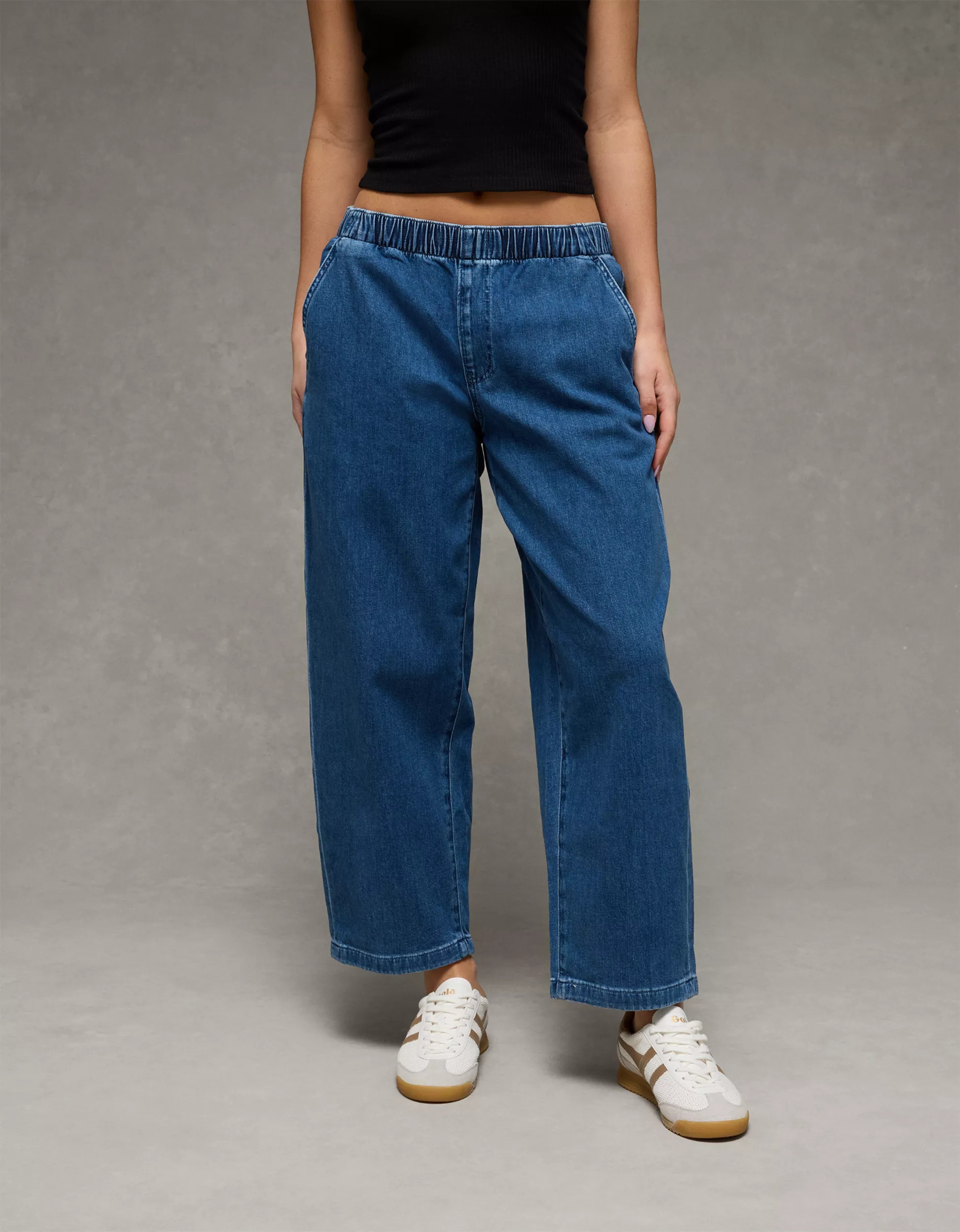 AE Dreamy Drape Stretch Low-Rise Pull-On Baggy Jean | American Eagle Outfitters (US & CA)