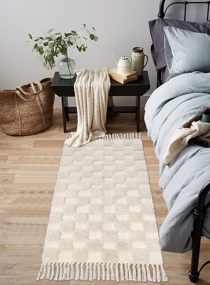 Lanffia Boho Checkered Tufted Rug - 2x4.3 Runner Rug Beige Hallway Runner Washable with Tassels I... | Amazon (US)